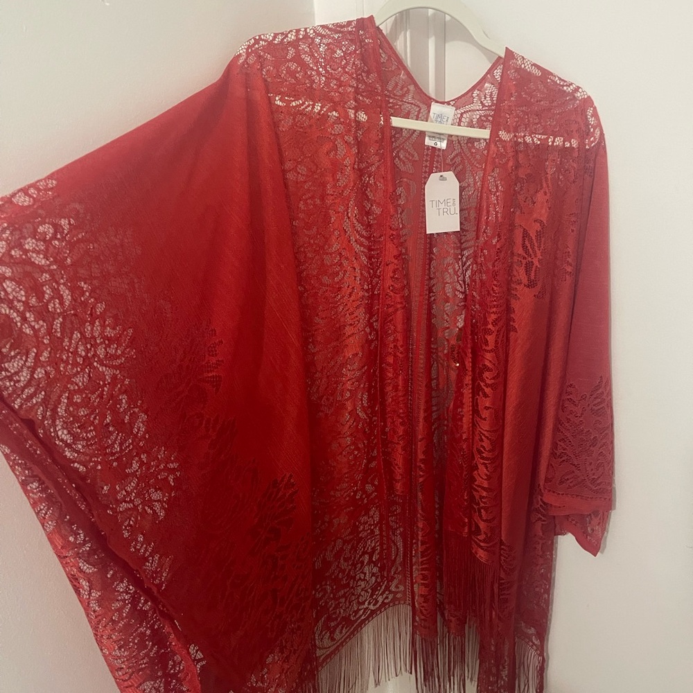 Red Lace Kimono with Fringe
